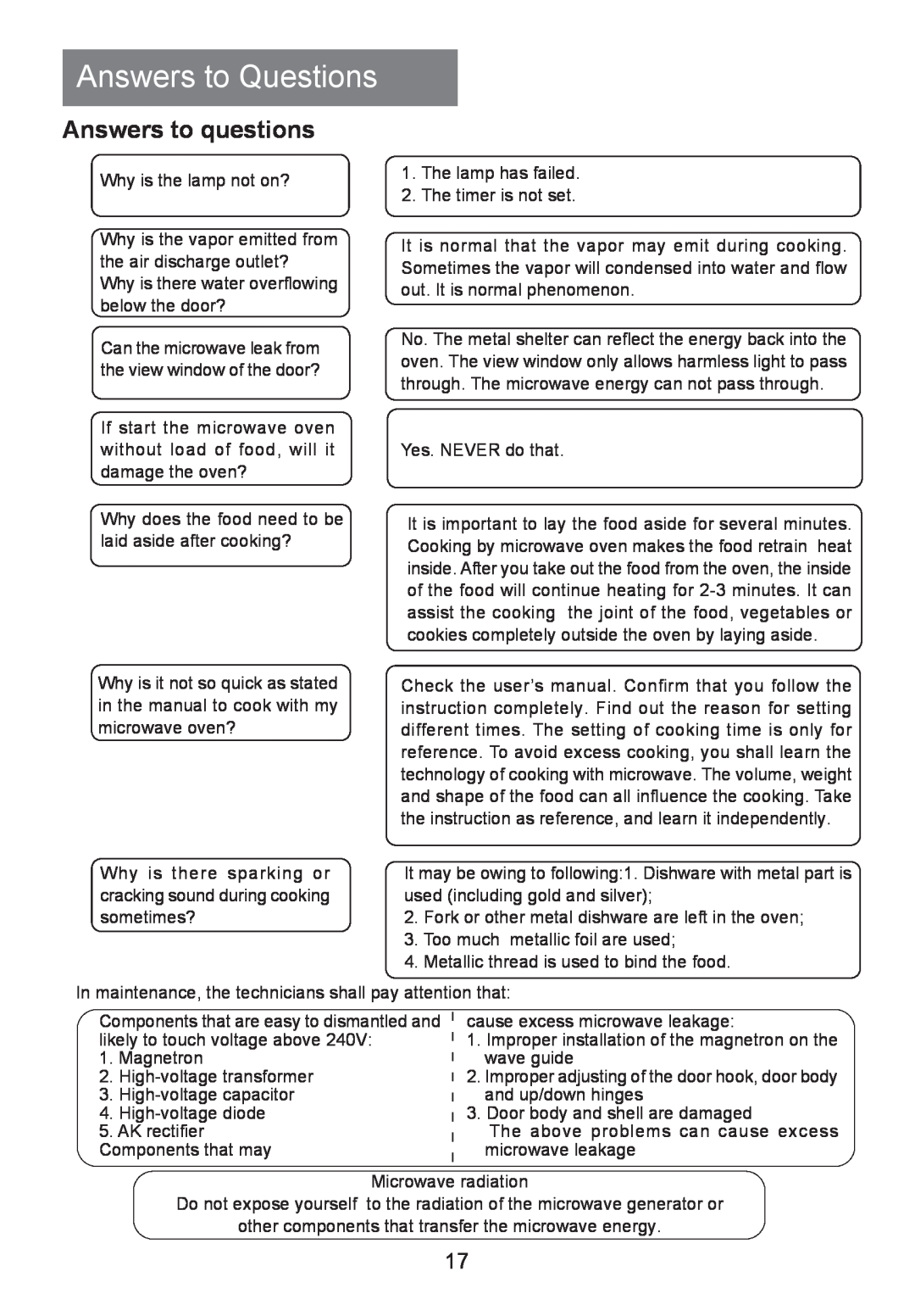 Haier HR-7803D user manual Answers to Questions, Answers to questions 