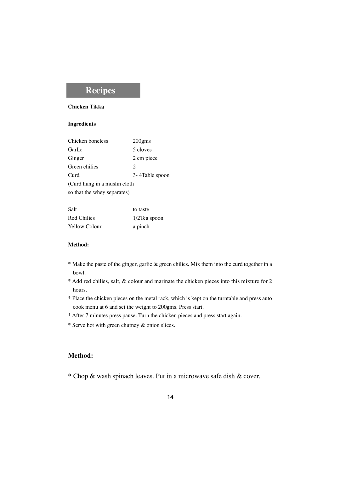 Haier HR-7857A user manual Chicken Tikka Ingredients 