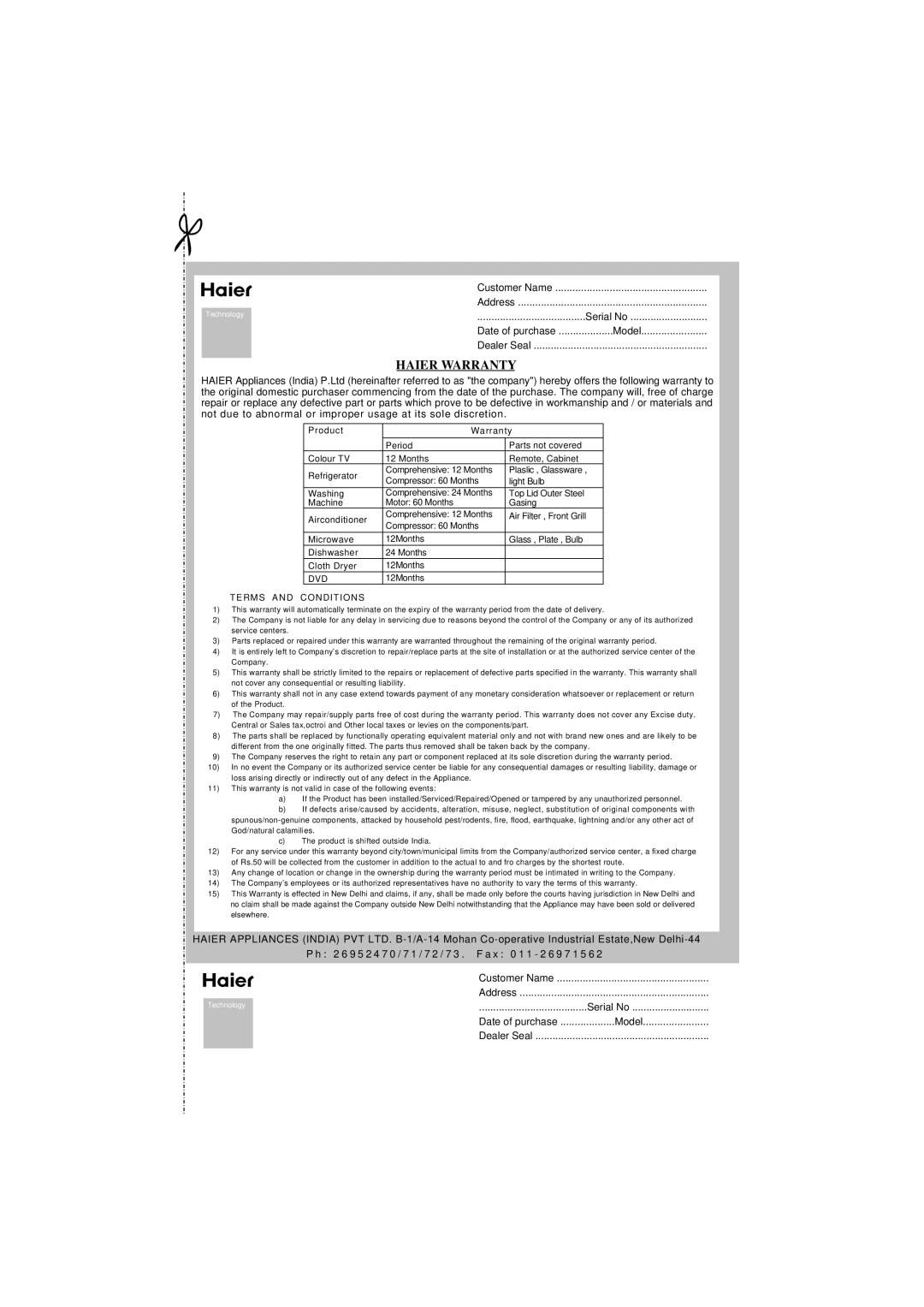 Haier HR-7857A user manual Haier Warranty 