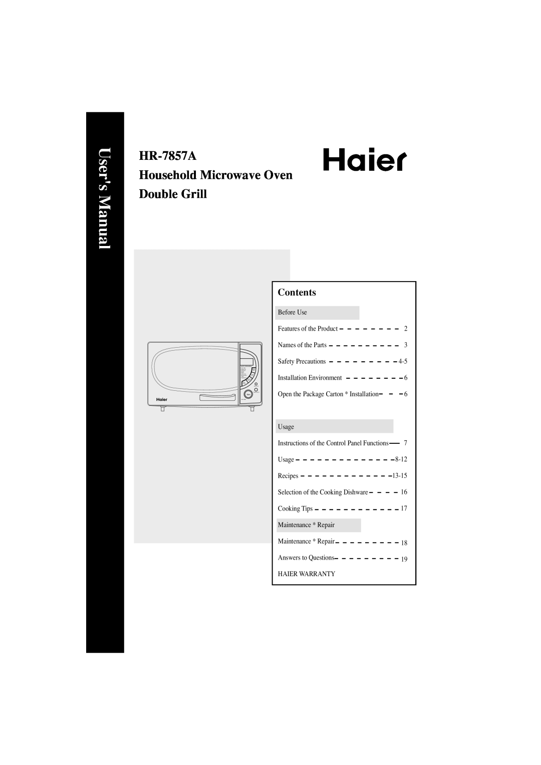 Haier user manual Contents, HR-7857A Household Microwave Oven Double Grill 