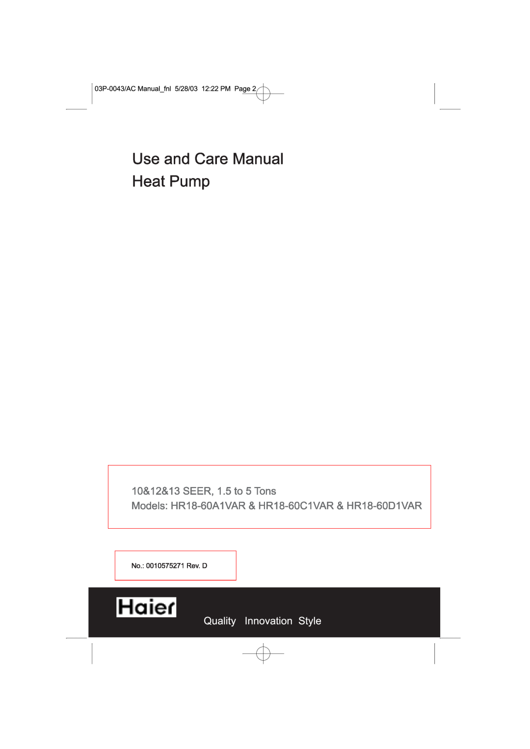 Haier HR18-60D1VAR manual 