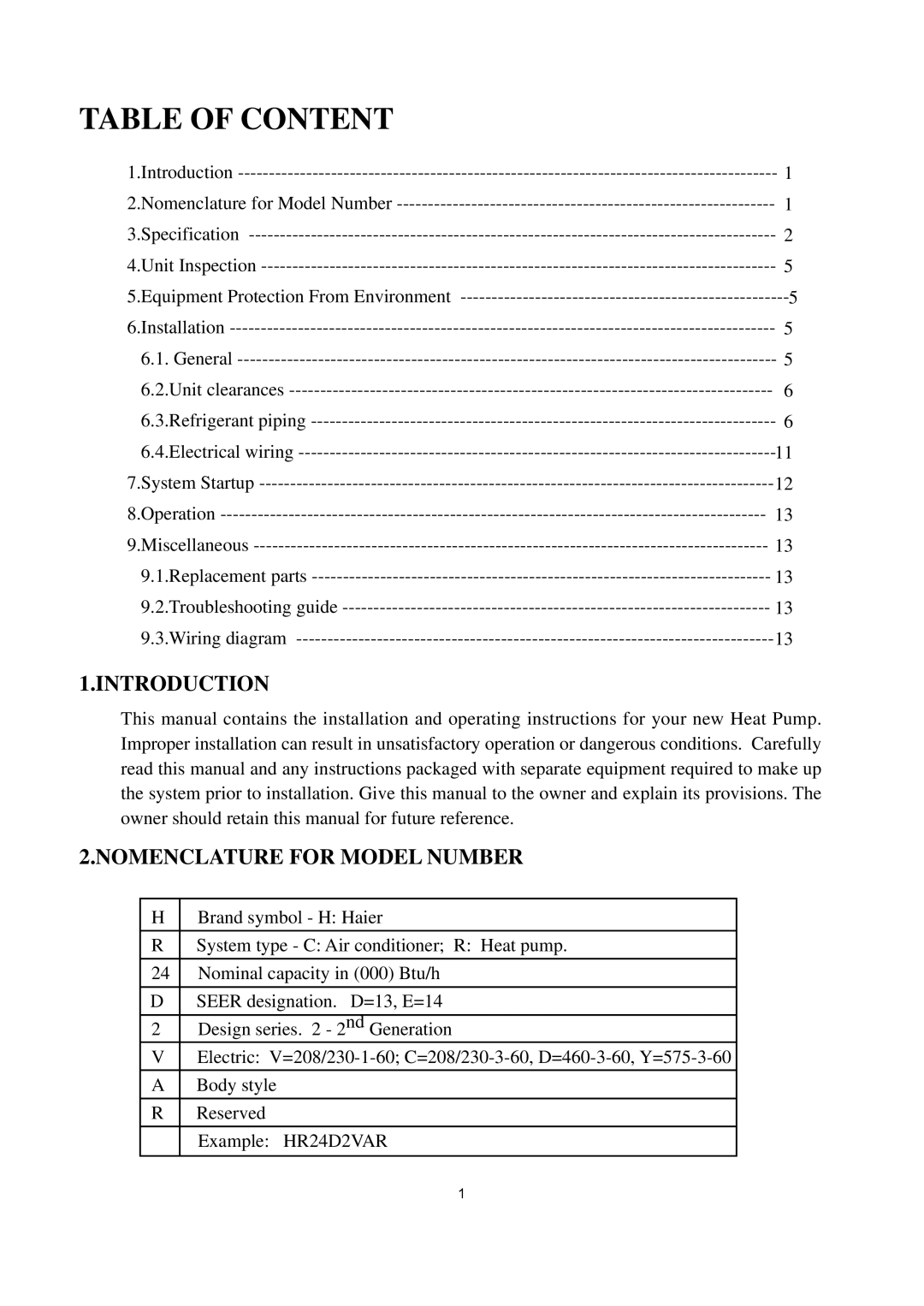 Haier HR24D2VAR, HR36D2VAR, HR30D2VAR, HR18D2VAR manual Introduction, Nomenclature for Model Number 