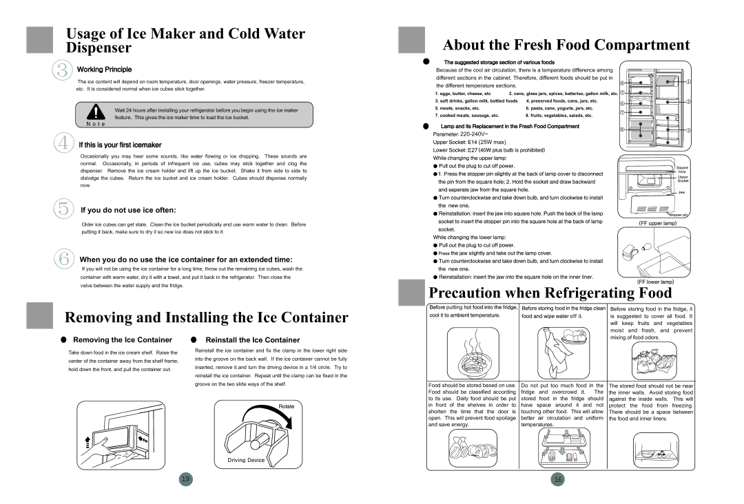 Haier HRB-703MP/S manual Usage of Ice Maker and Cold Water Dispenser, Removing and Installing the Ice Container 