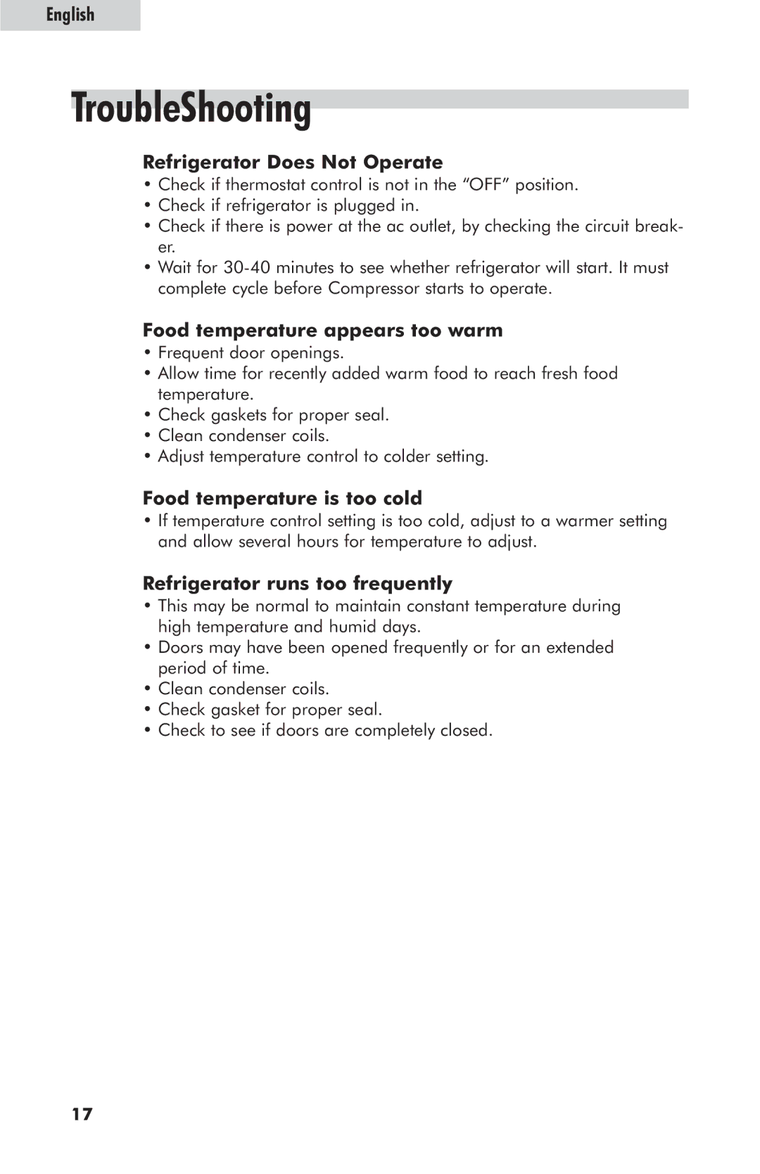 Haier HRE10WNAWW user manual TroubleShooting, Refrigerator Does Not Operate, Food temperature appears too warm 