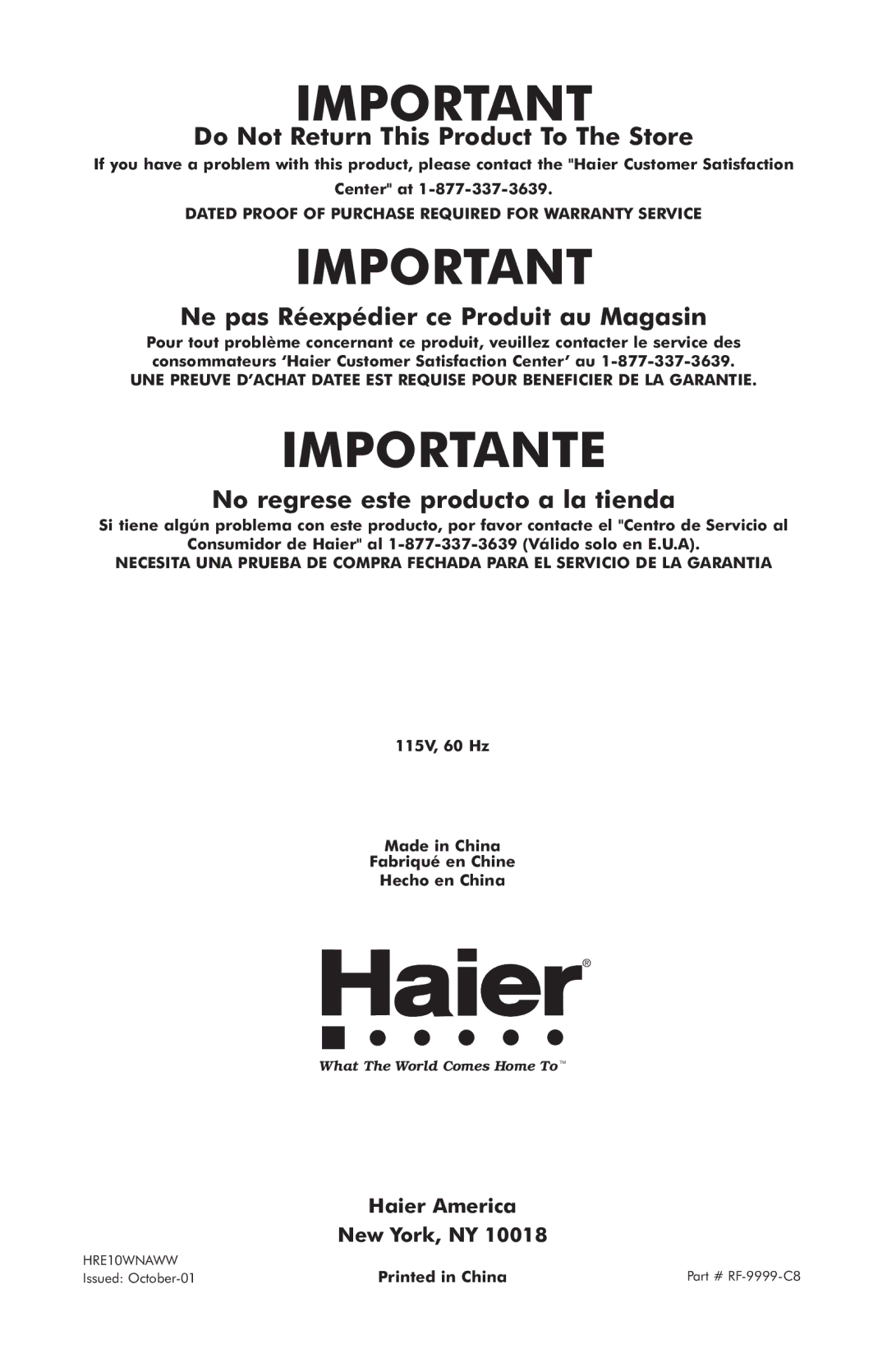 Haier HRE10WNAWW user manual Importante 