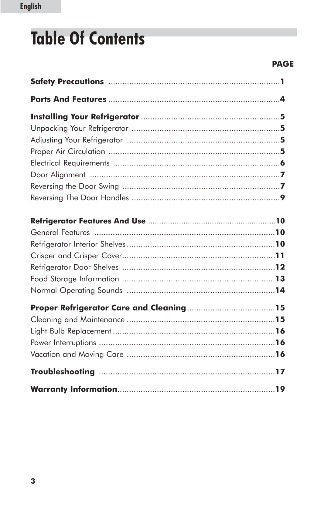 Haier HRE10WNAWW user manual Table Of Contents 