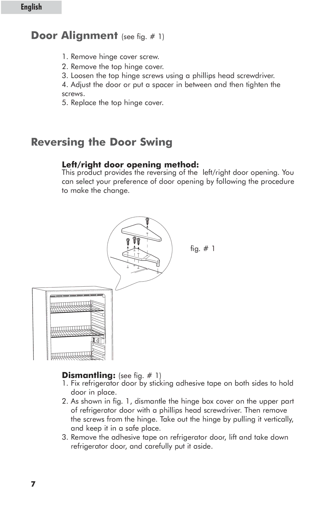 Haier HRE10WNAWW user manual Door Alignment see fig. #, Reversing the Door Swing, Left/right door opening method 