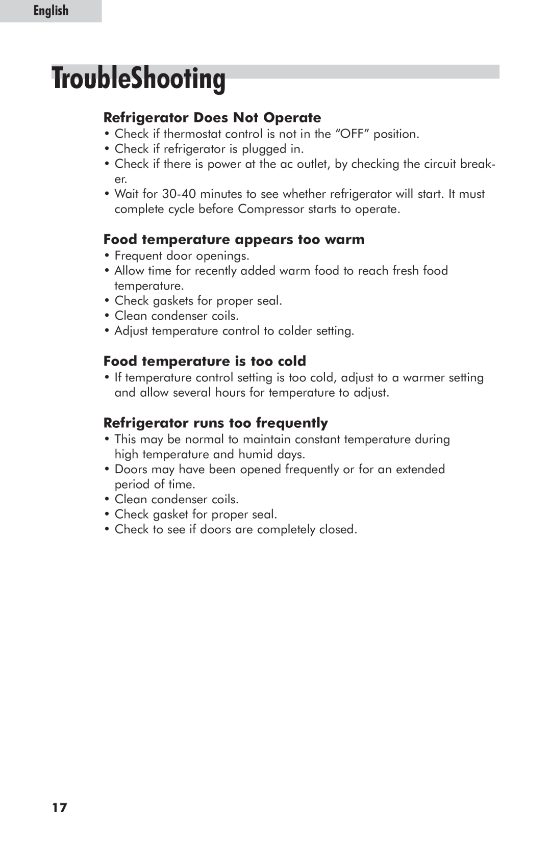 Haier HRE10WNAWW user manual TroubleShooting, Refrigerator Does Not Operate, Food temperature appears too warm, English 