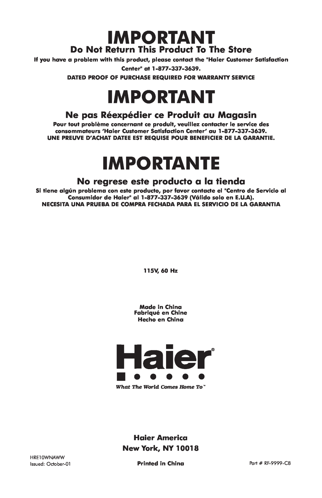 Haier HRE10WNAWW user manual Importante, Do Not Return This Product To The Store, Ne pas Réexpédier ce Produit au Magasin 