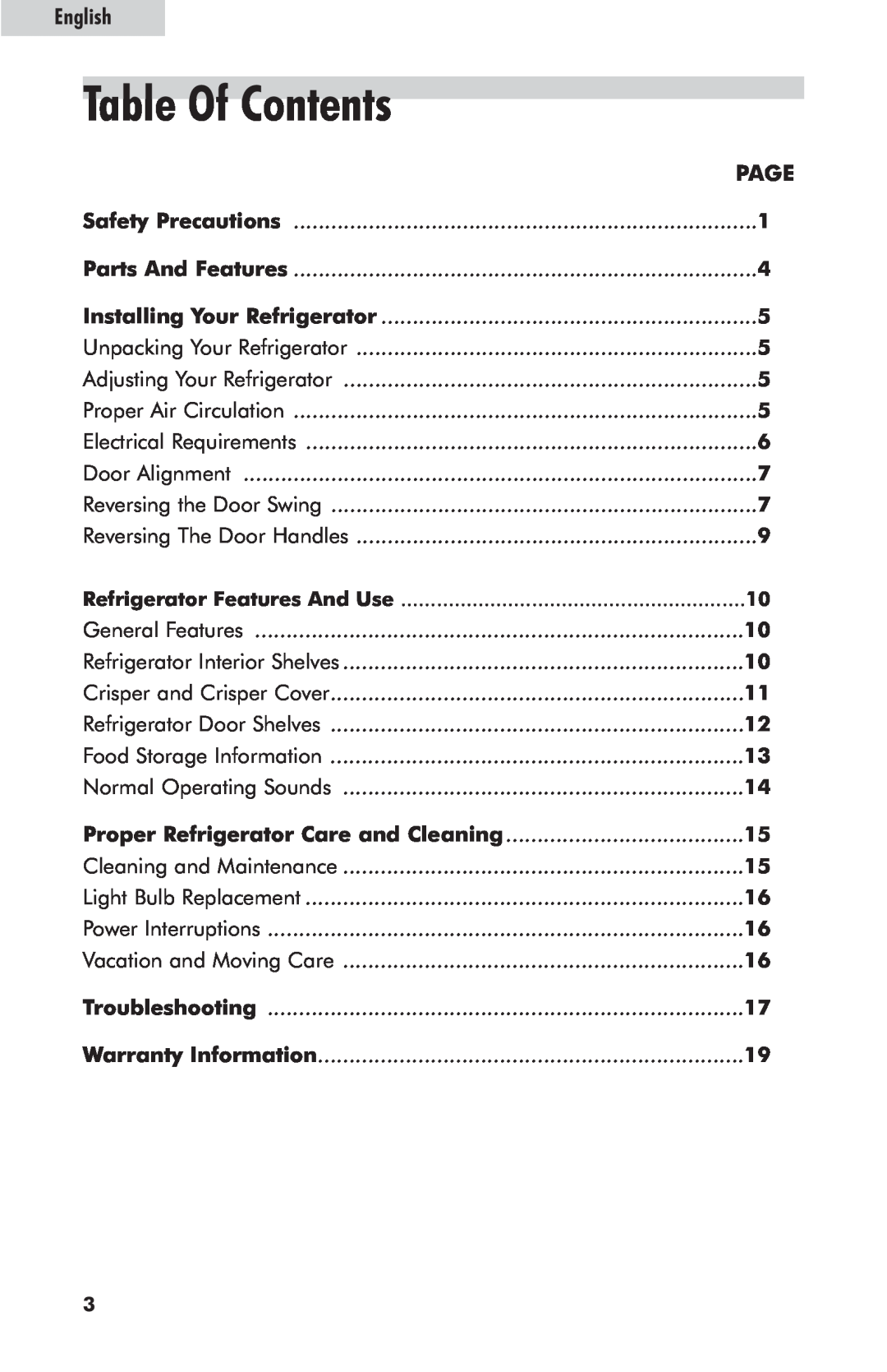 Haier HRE10WNAWW user manual Table Of Contents, English 