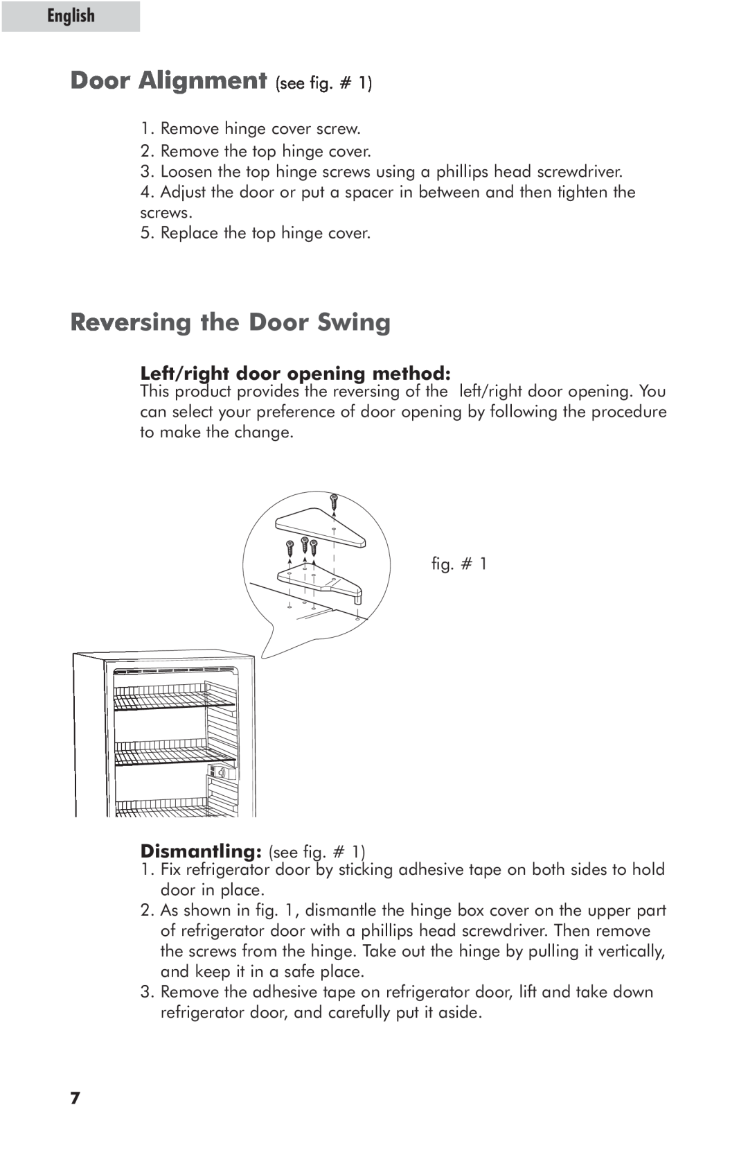 Haier HRE10WNAWW user manual Door Alignment see fig. #, Reversing the Door Swing, Left/right door opening method, English 