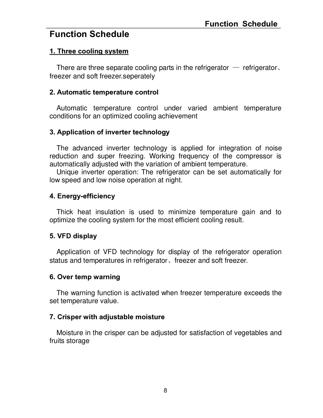 Haier HRF- 329AA, HRF- 349AA, HRF- 369AA service manual Function Schedule 