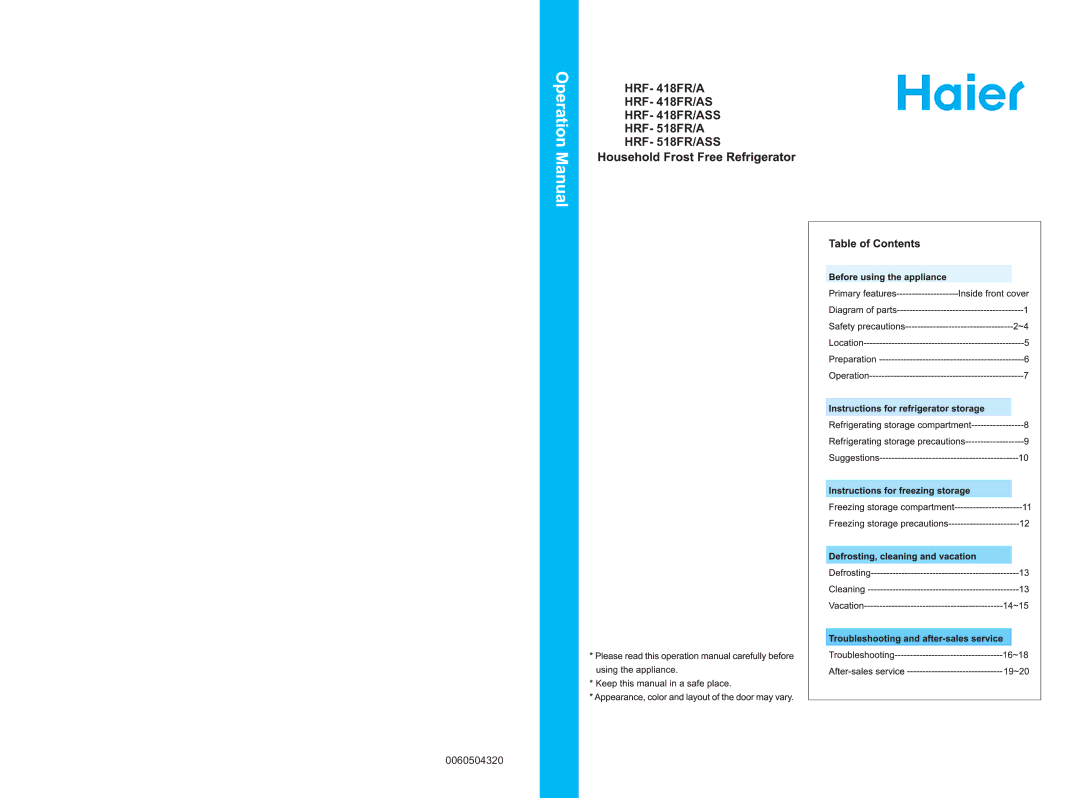 Haier HRF- 418FR/ASS, HRF- 518FR/ASS manual 0060504320 