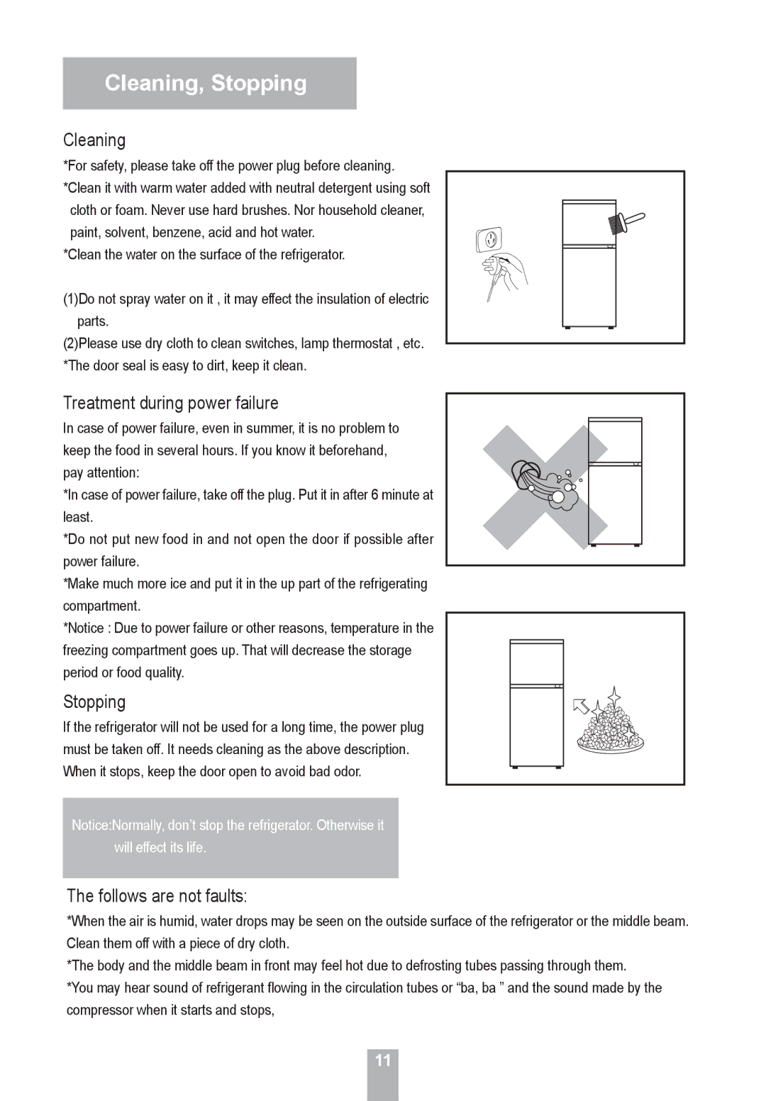 Haier HRF-155, HRF-185 manual Cleaning, Stopping, Treatment during power failure, Follows are not faults 