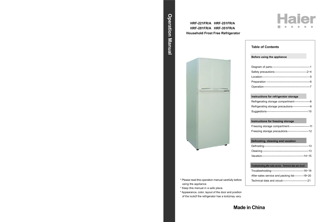 Haier HRF-221FR/A operation manual Household Frost Free Refrigerator, Table of Contents 