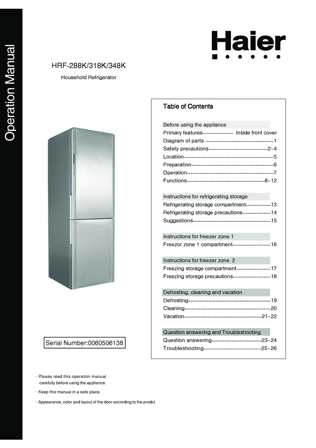 Haier operation manual HRF-288K/318K/348K 