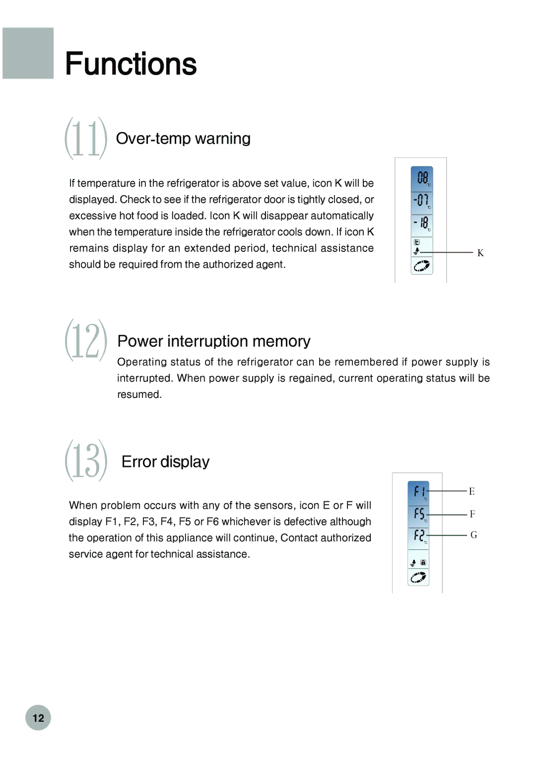 Haier HRF-288K operation manual ⑾ Over-temp warning, ⑿ Power interruption memory, ⒀ Error display 