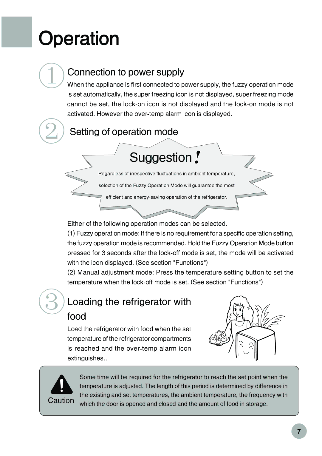 Haier HRF-288K Operation, ①Connection to power supply, ② Setting of operation mode, ③Loadingfood the refrigerator with 