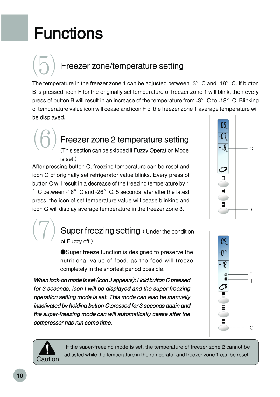 Haier HRF-288K operation manual ⑸Freezer zone/temperature setting, ⑹ Freezer zone 2 temperature setting, Functions 