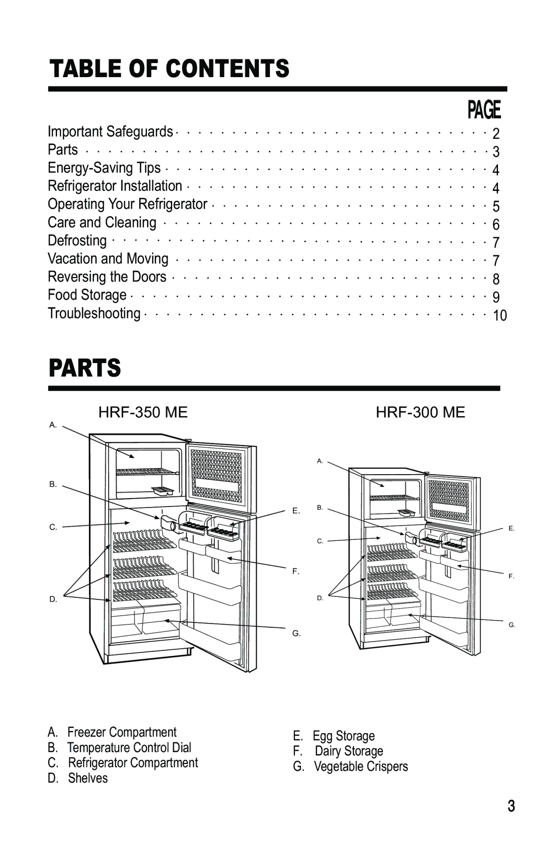 Haier HRF-350ME, HRF-300ME manual Table of Contents, Parts 