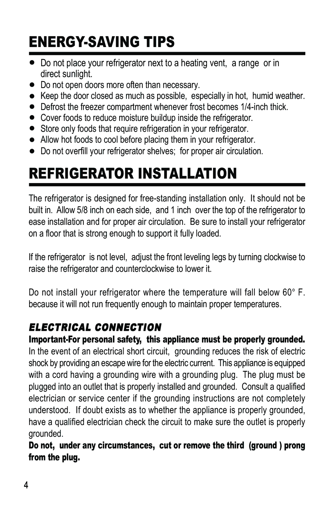 Haier HRF-300ME, HRF-350ME manual ENERGY-SAVING Tips, Refrigerator Installation, Electrical Connection 