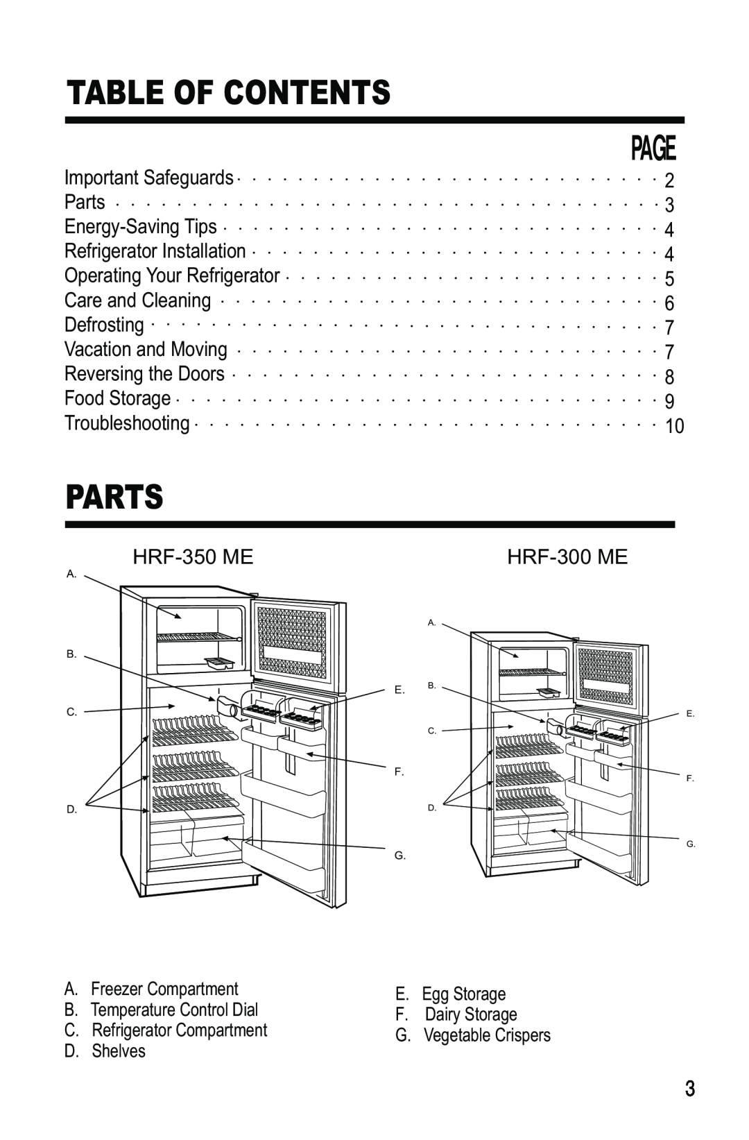Haier HRF-350ME, HRF-300ME manual Table Of Contents, Parts 