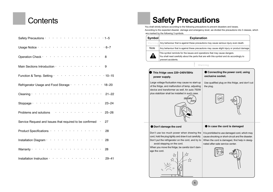 Haier HRF-305 manual Contents, Safety Precautions 