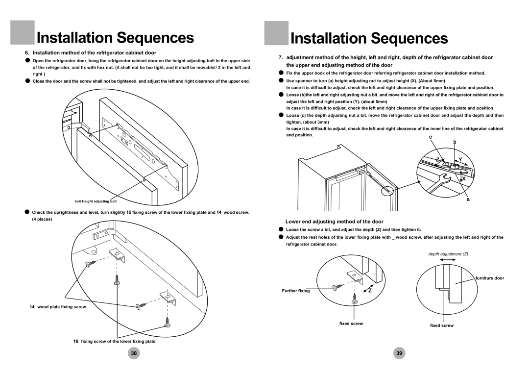 Haier HRF-305 manual Installation method of the refrigerator cabinet door, Lower end adjusting method of the door 