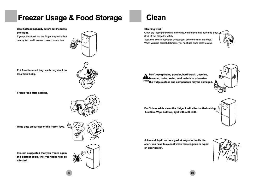 Haier HRF-305 manual Clean, Freezer Usage & Food Storage, If you put hot food into the fridge, they will affect 