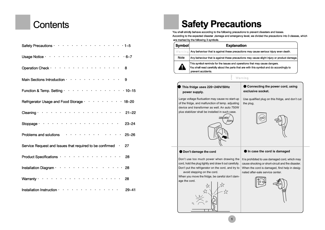 Haier HRF-305 manual Contents, Safety Precautions, Symbol, Explanation 