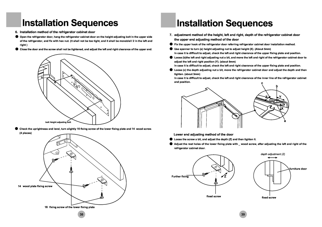 Haier HRF-305 manual Installation Sequences, Installation method of the refrigerator cabinet door, depth adjustment Z 