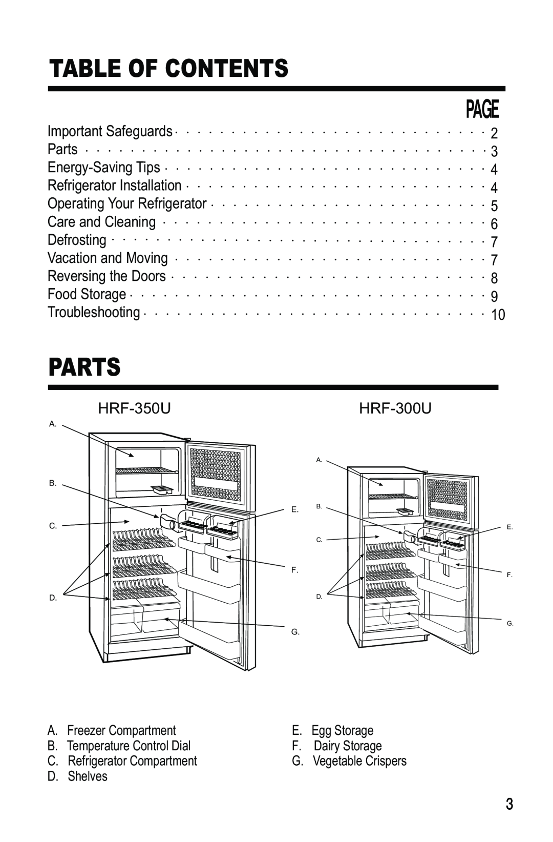 Haier HRF-300U, HRF-350U manual Table Of Contents, Parts 