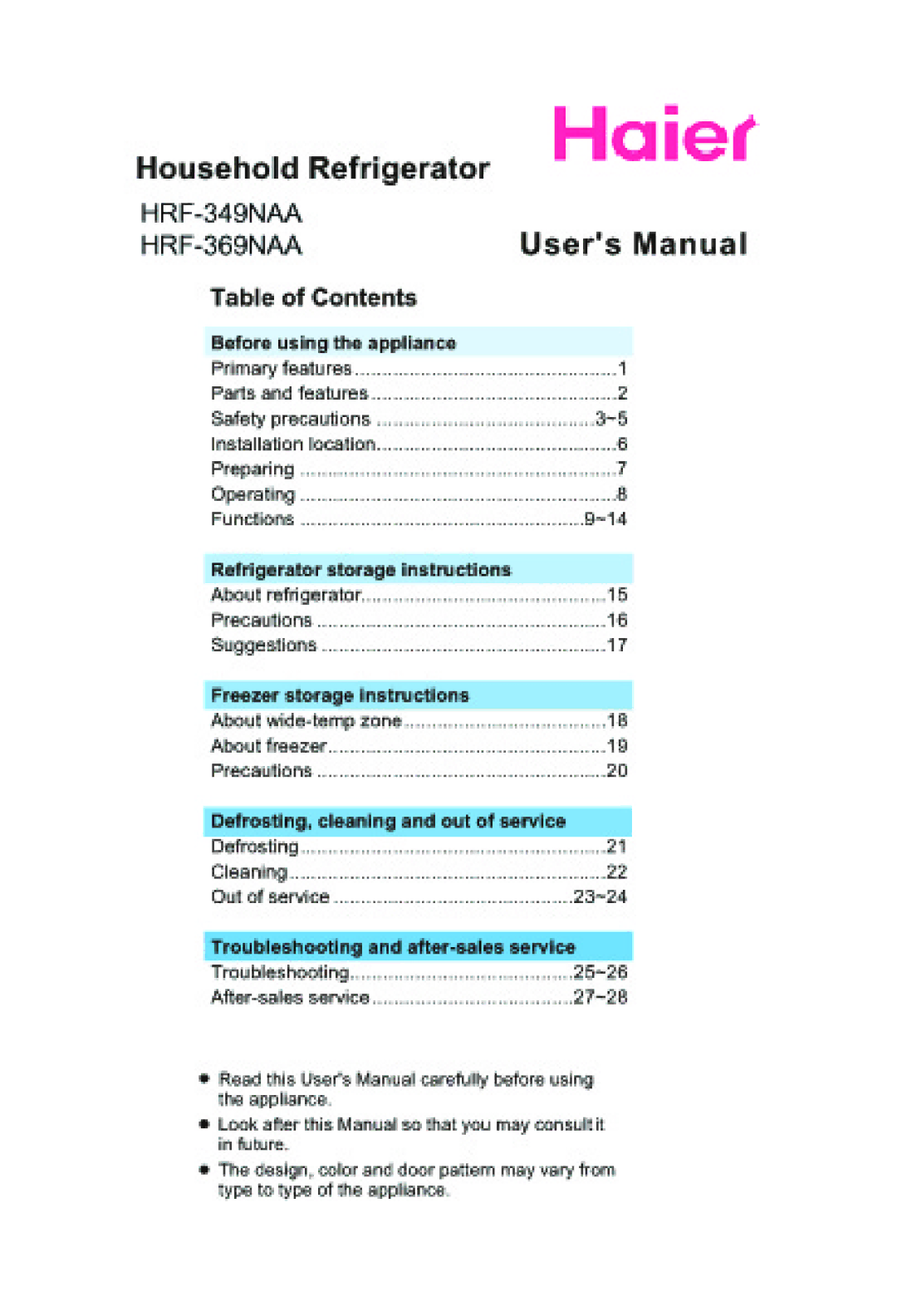 Haier HRF-349NAA, HRF-369NAA manual 