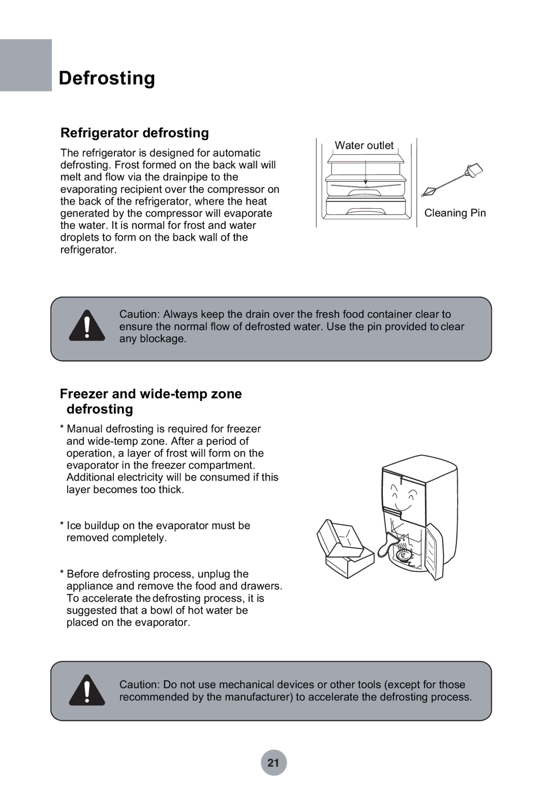 Haier HRF-369NAA, HRF-349NAA manual Defrosting, Refrigerator defrosting, Freezer and wide-temp zone defrosting 