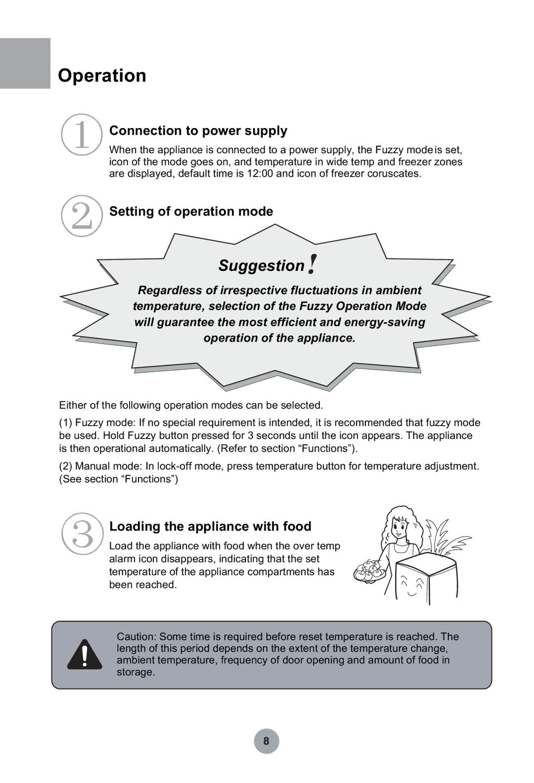 Haier HRF-349NAA manual Operation, Connection to power supply, Setting of operation mode, Loading the appliance with food 