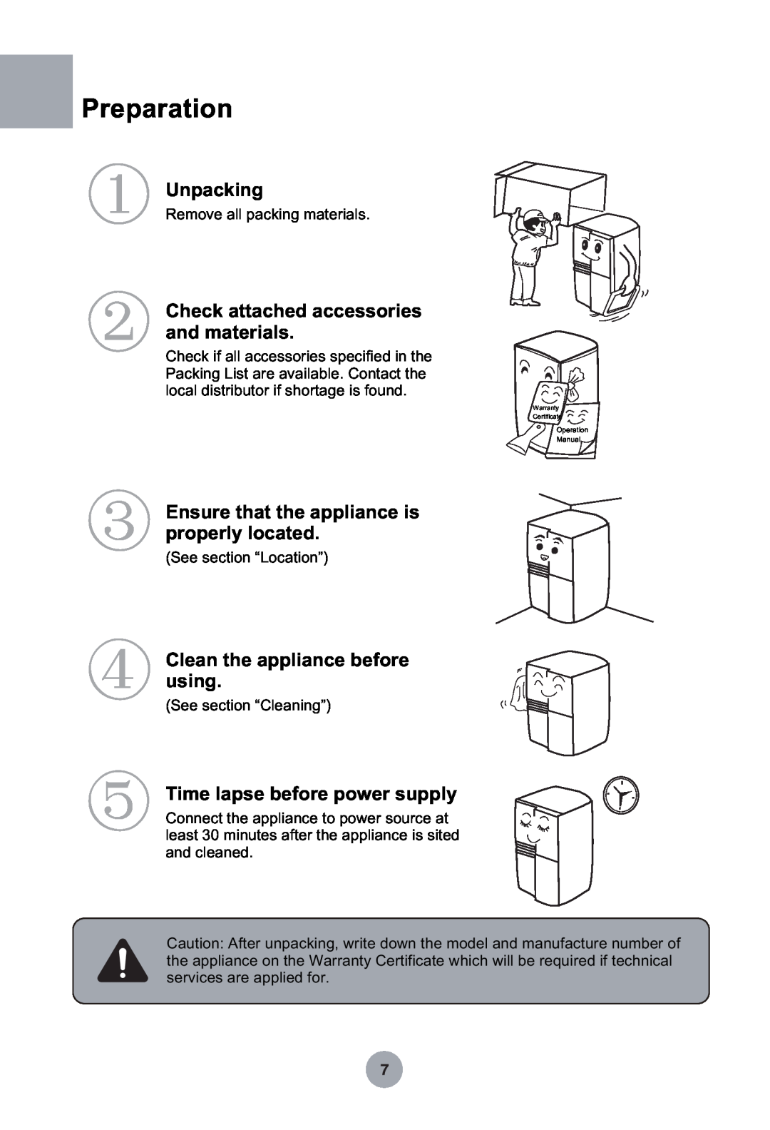 Haier HRF-369NAA manual Preparation, Unpacking, Check attached accessories and materials, Clean the appliance before using 