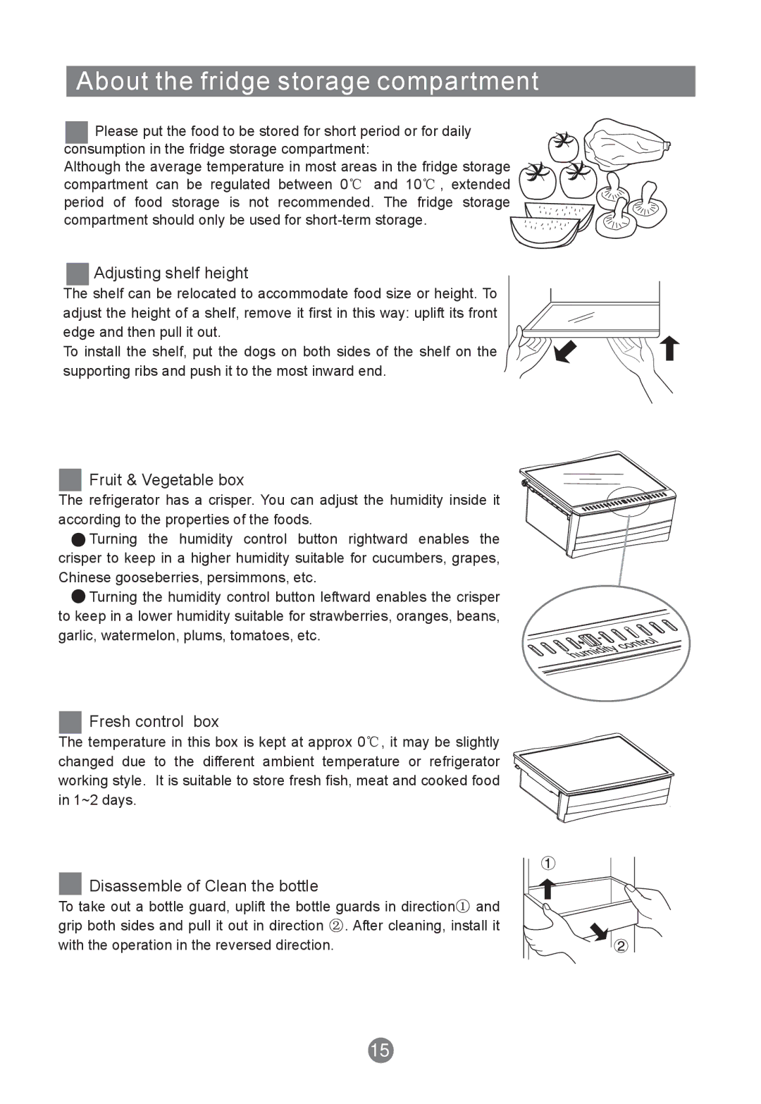 Haier HRF-420FLS About the fridge storage compartment, Adjusting shelf height, Fruit & Vegetable box, Fresh control box 