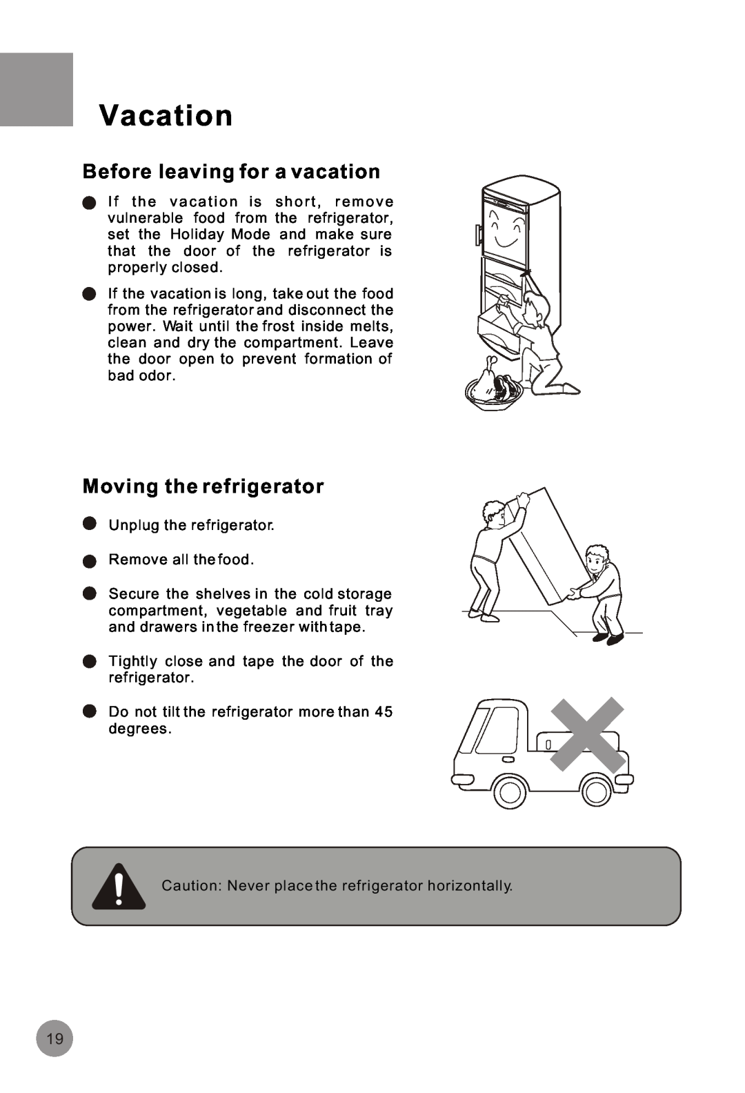 Haier HRF-516FKA operation manual Before leaving for a vacation, Moving the refrigerator, Vacation 