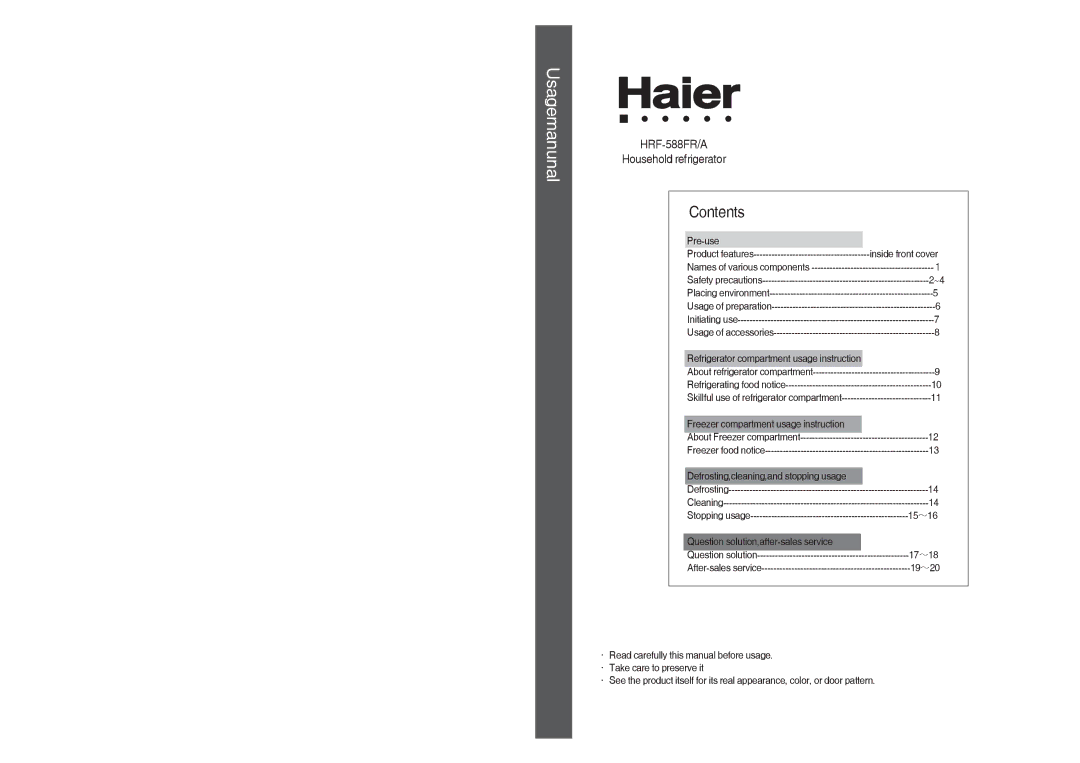 Haier HRF-588FA, HRF-588FR manual Usagemanunal, Contents 