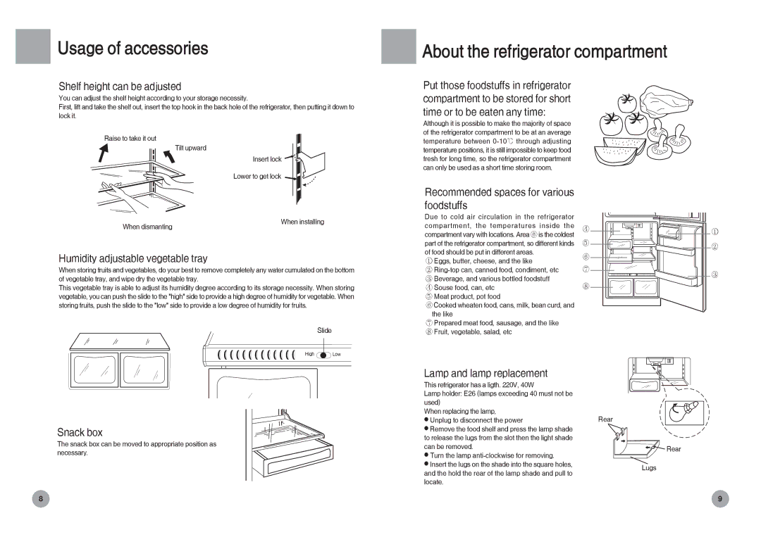 Haier HRF-588FR, HRF-588FA manual Usage of accessories, About the refrigerator compartment 