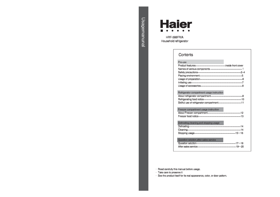 Haier HRF-588FA, HRF-588FR manual Contents, Usagemanunal 