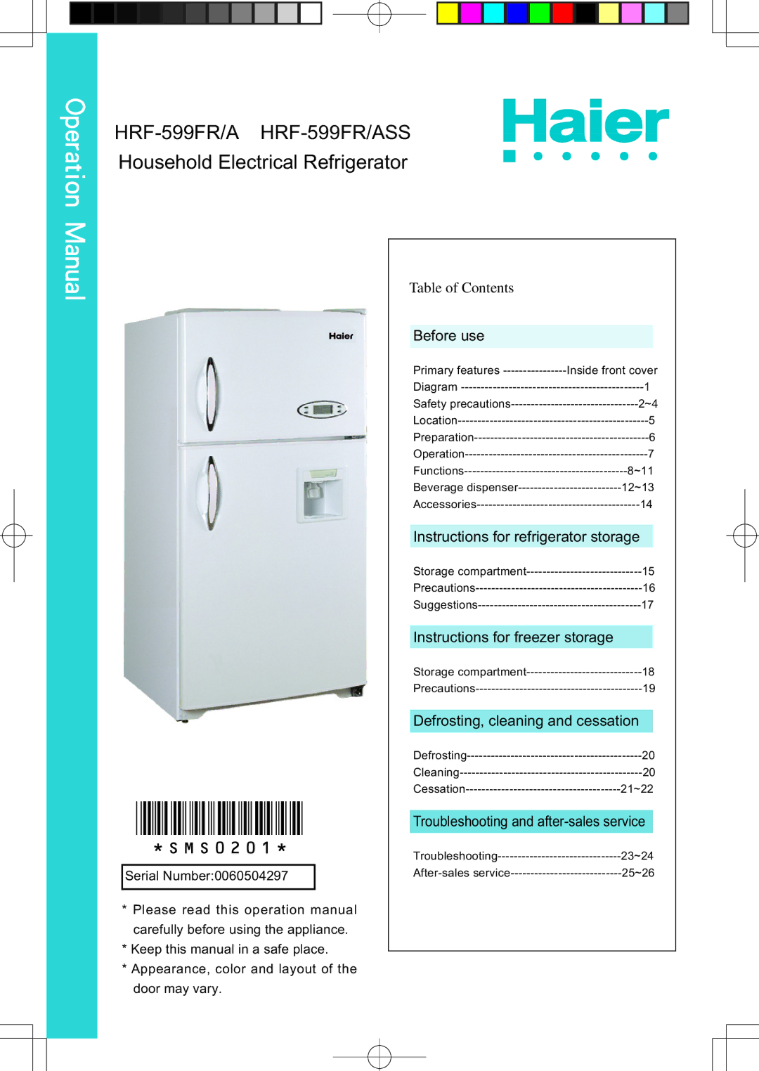 Haier HRF-599FRASS operation manual LéÉê~íáçå=j~åì~ä 