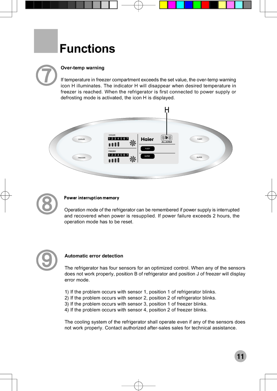 Haier HRF-599FRASS operation manual Over-temp warning, MçïÉê=áåíÉêêìéíáçå=ãÉãçêó, Automatic error detection 