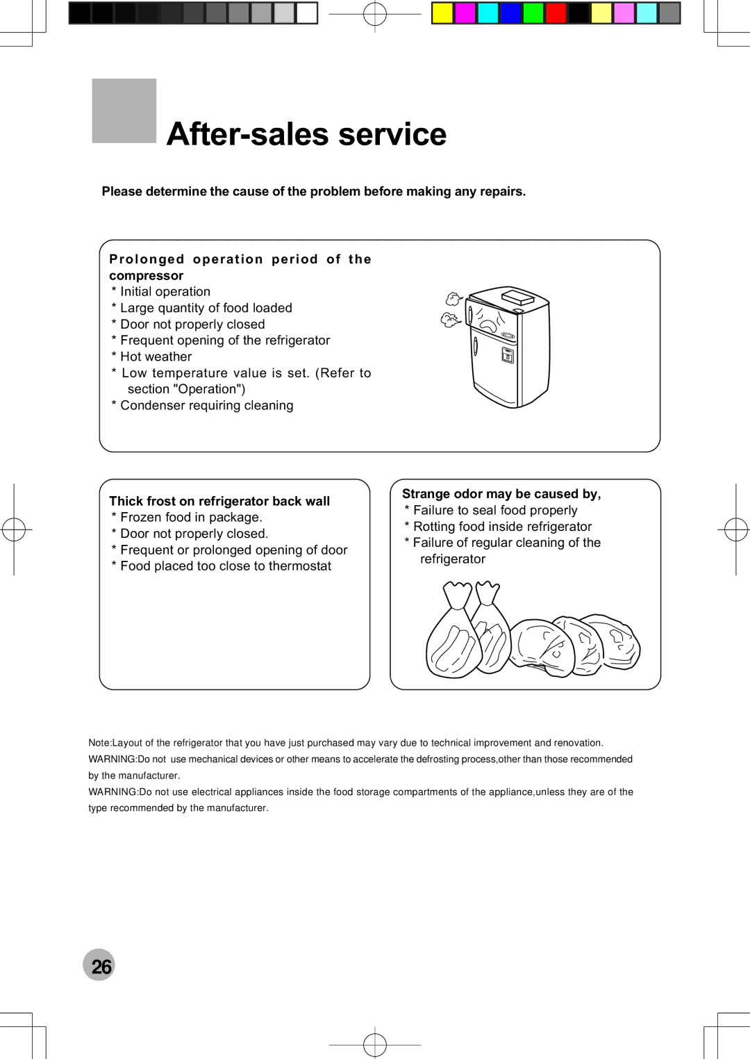 Haier HRF-599FRASS operation manual Thick frost on refrigerator back wall, Strange odor may be caused by 