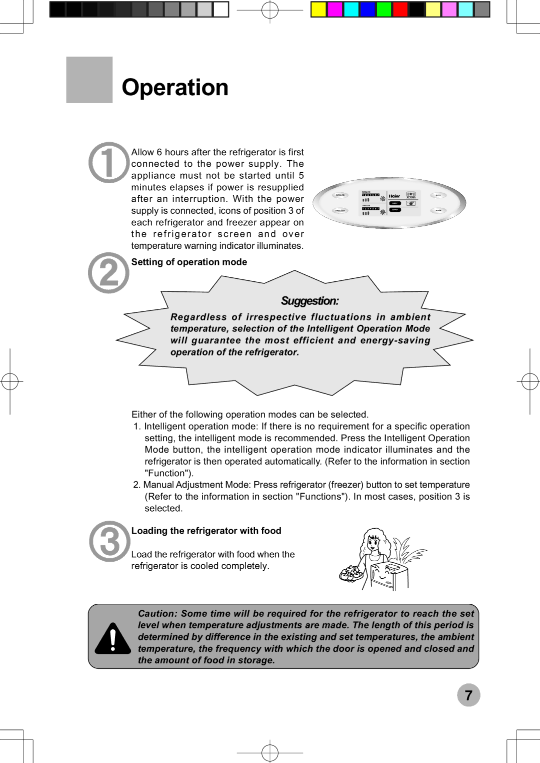 Haier HRF-599FRASS operation manual Operation, Setting of operation mode, Loading the refrigerator with food 