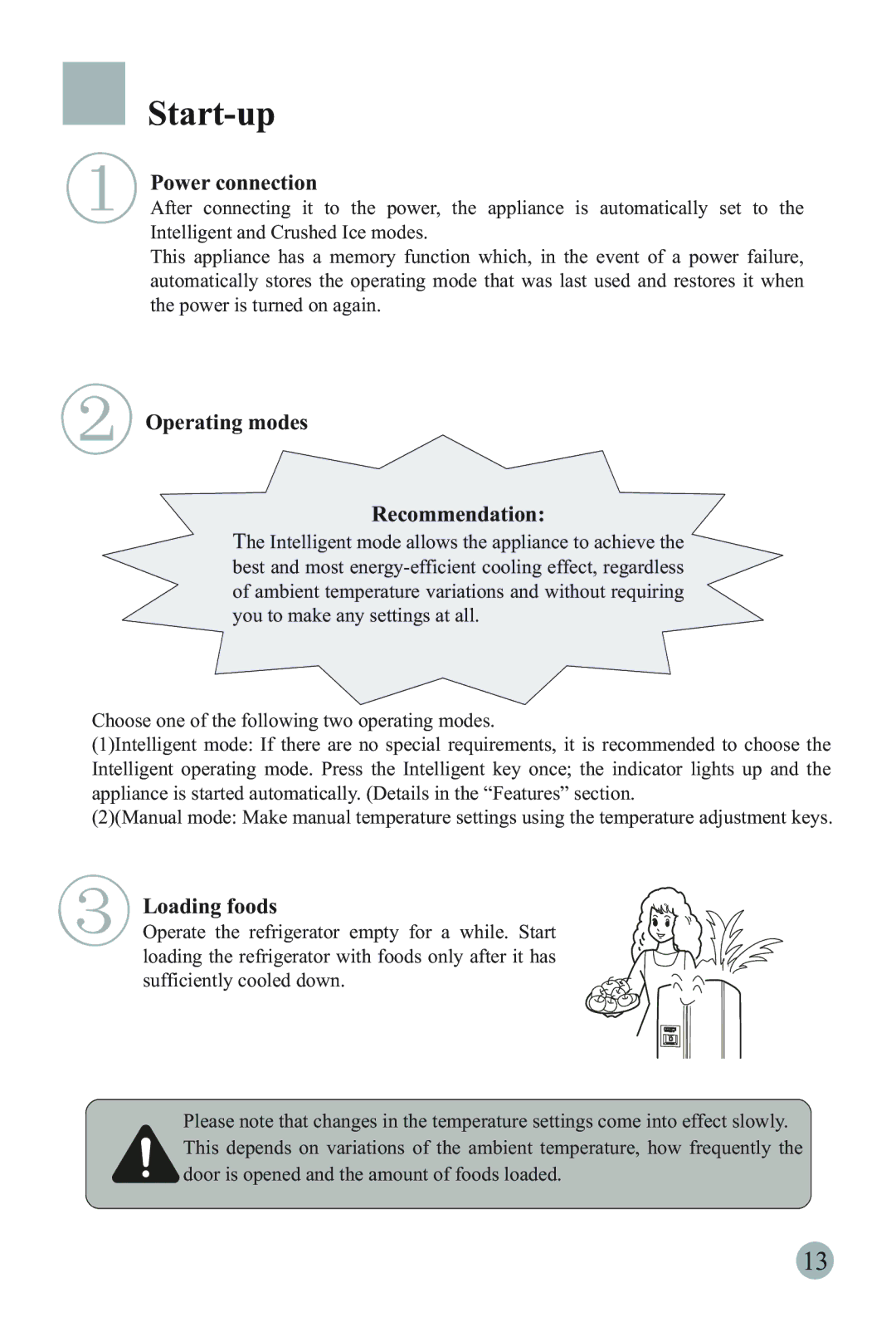 Haier HRF-6631RG manual Start-up, Power connection, Operating modes Recommendation, Loading foods 