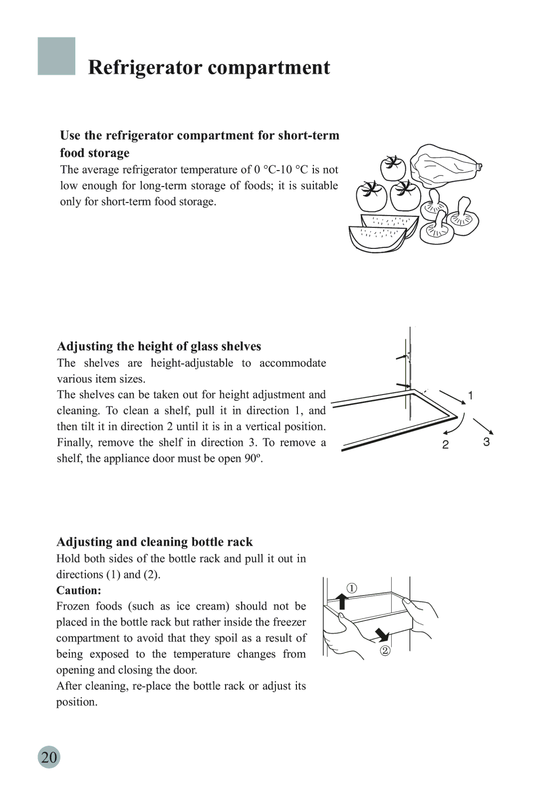 Haier HRF-6631RG manual Refrigerator compartment, Adjusting the height of glass shelves, Adjusting and cleaning bottle rack 