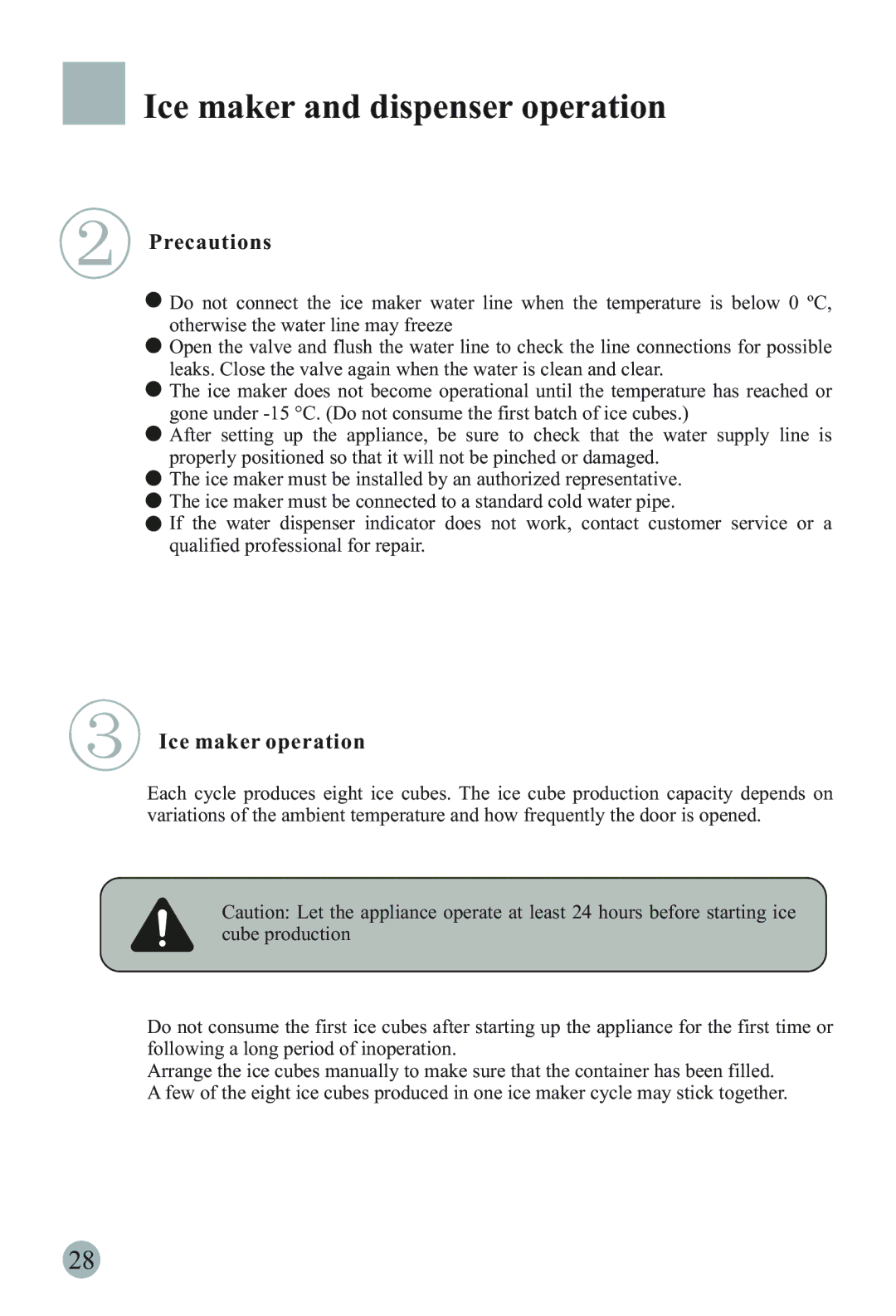 Haier HRF-6631RG manual Ice maker and dispenser operation, Precautions, Ice maker operation 