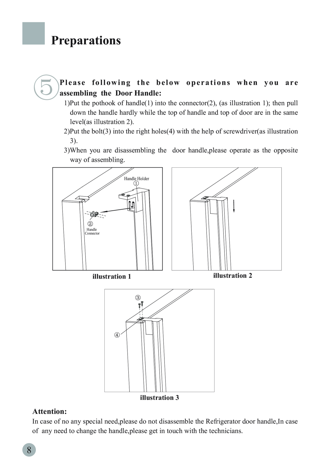 Haier HRF-6631RG manual assembling the Door Handle, Preparations, illustration 