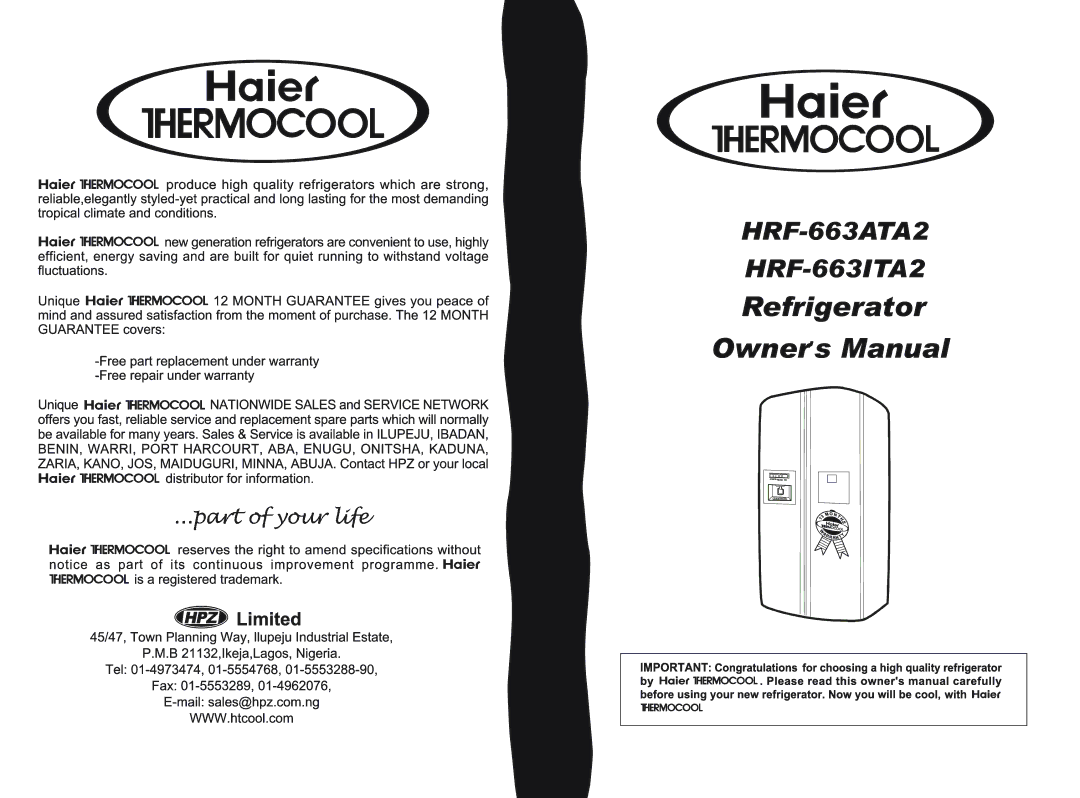 Haier HRF-663ITA2, HRF-663ATA2 manual Refrigerator Owner,s Manual 